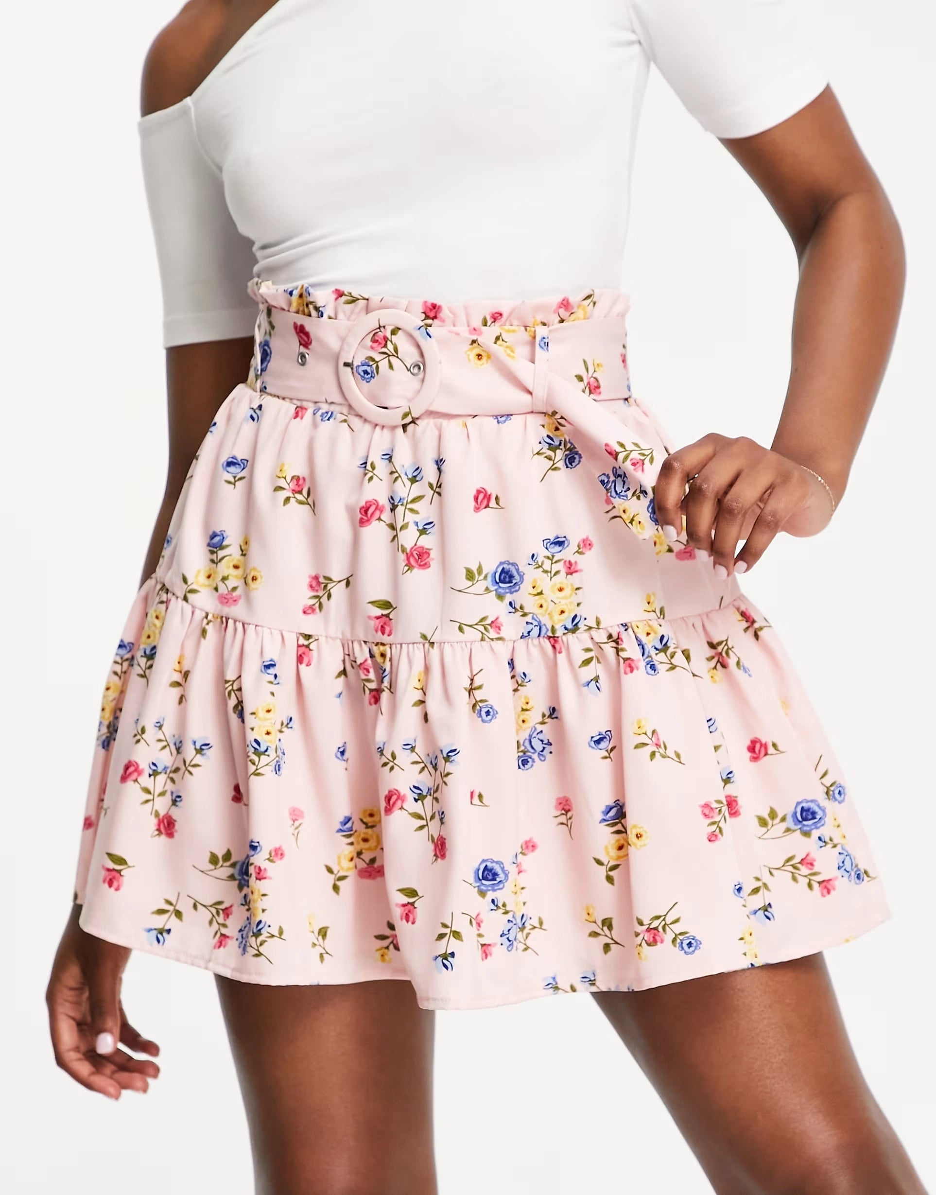 Collective The Label Womens Belted Tiered Mini Skirt Co-Ord in Pink Floral