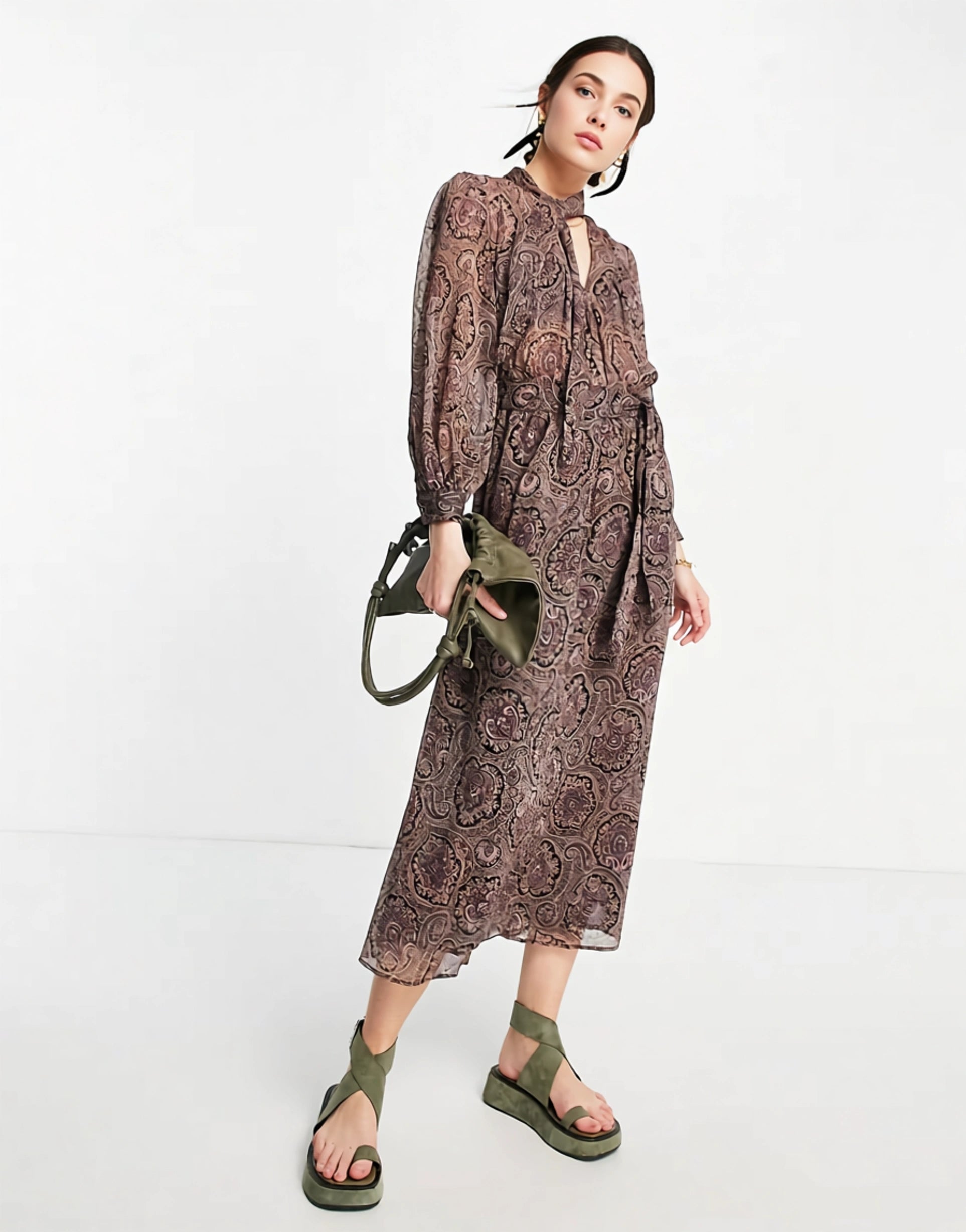 Mango Womens Tie Detail Paisley Print Midi Dress In Multi