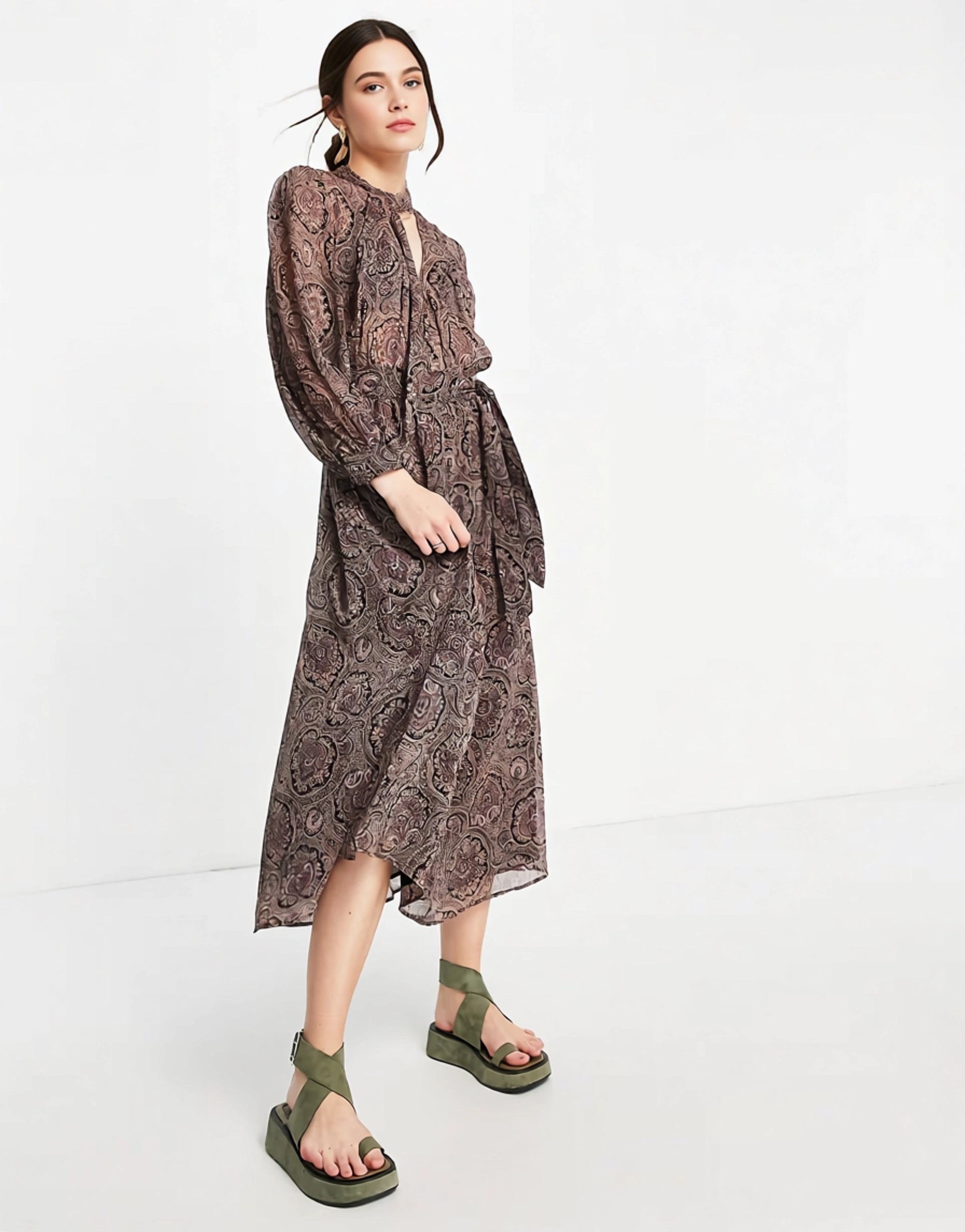 Mango Womens Tie Detail Paisley Print Midi Dress In Multi