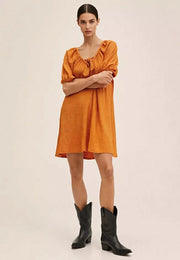 Mango Women's Tie Detail Puff Sleeve Mini Dress In Orange