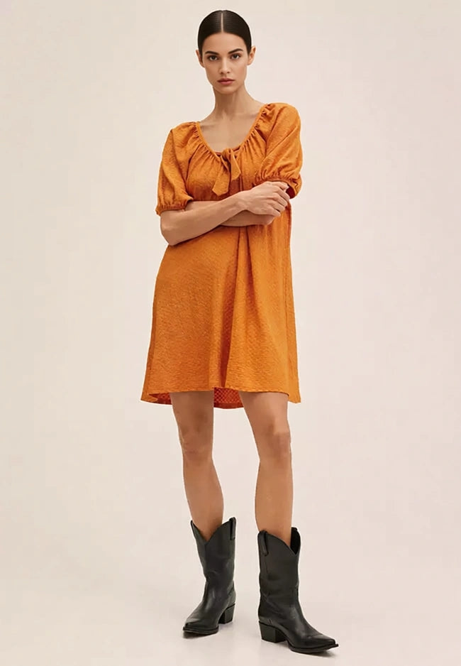 Mango Women's Tie Detail Puff Sleeve Mini Dress In Orange