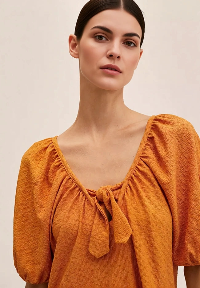 Mango Women's Tie Detail Puff Sleeve Mini Dress In Orange