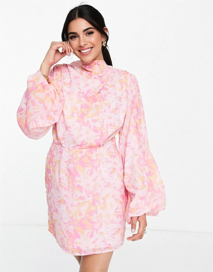 Pretty Lavish Womens Pleated Balloon Sleeve Mini Dress in Orange And Pink Print