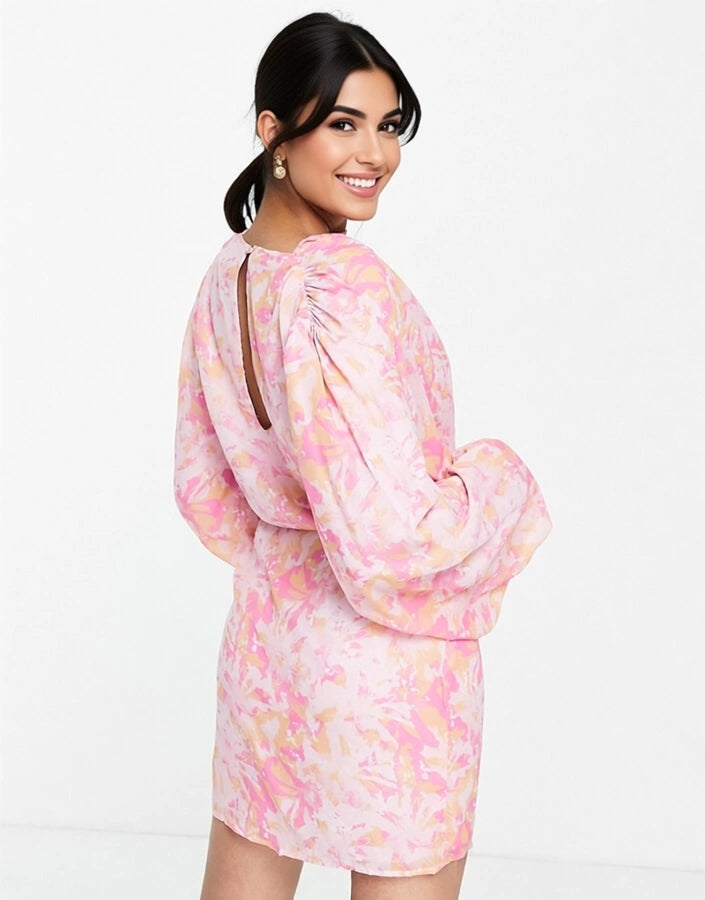 Pretty Lavish Womens Pleated Balloon Sleeve Mini Dress in Orange And Pink Print