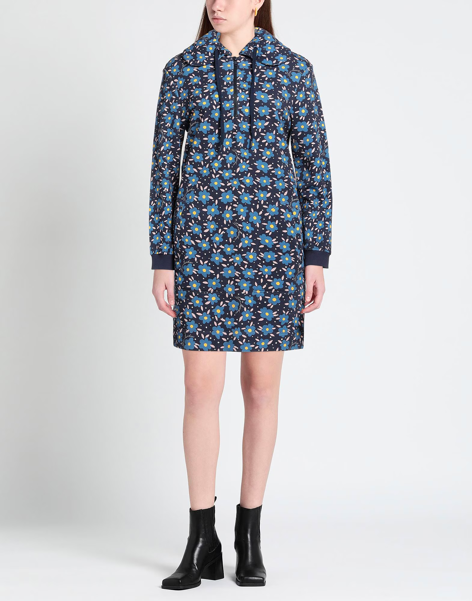 Love Moschino 80s flower print hooded jersey dress in blue