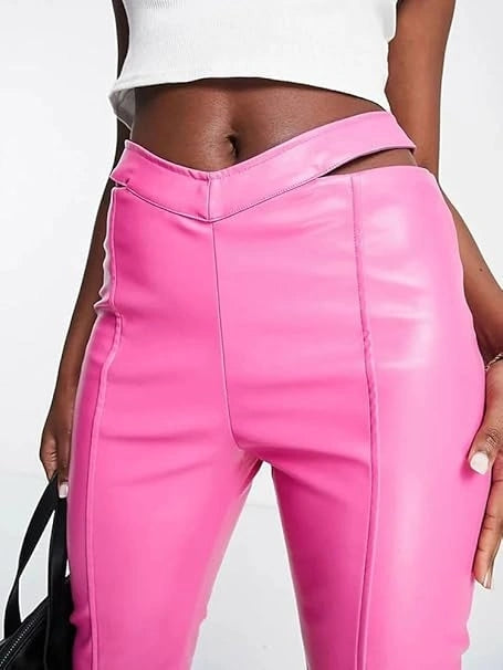 The Couture Club Womens Cut Out Waist Leather Look Trousers In Pink