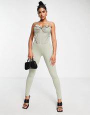 BAD SOCIETY CLUB Womens Satin Corset Top Skinny Jumpsuit in Sage