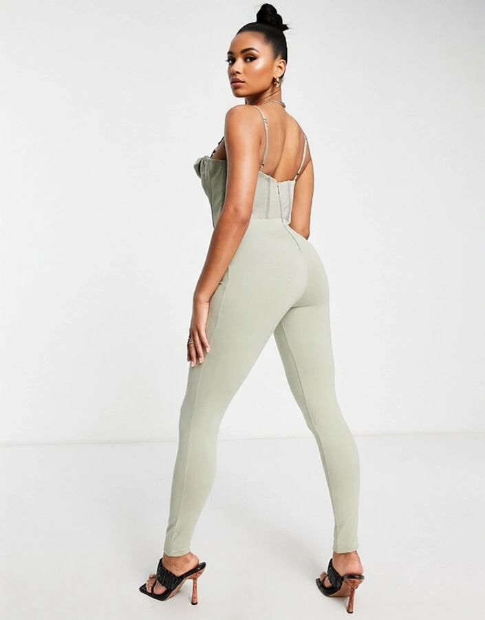 BAD SOCIETY CLUB Womens Satin Corset Top Skinny Jumpsuit in Sage