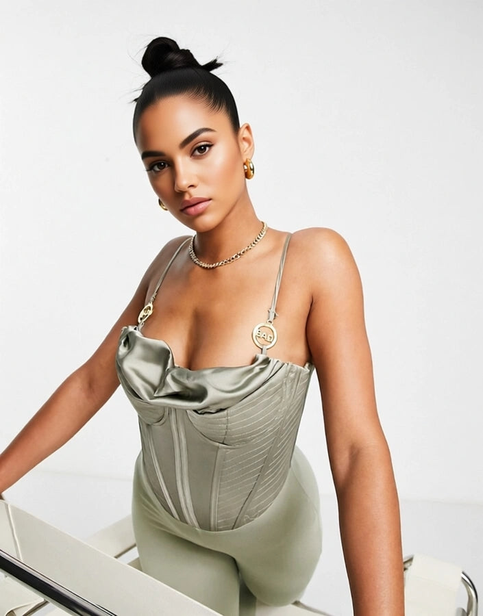 BAD SOCIETY CLUB Womens Satin Corset Top Skinny Jumpsuit in Sage