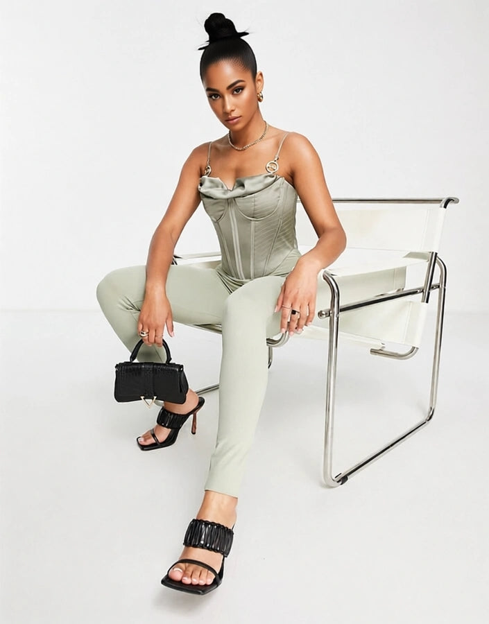 BAD SOCIETY CLUB Womens Satin Corset Top Skinny Jumpsuit in Sage