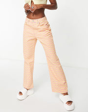 The Ragged Priest Womens Dad Jeans With Wave Print in Orange