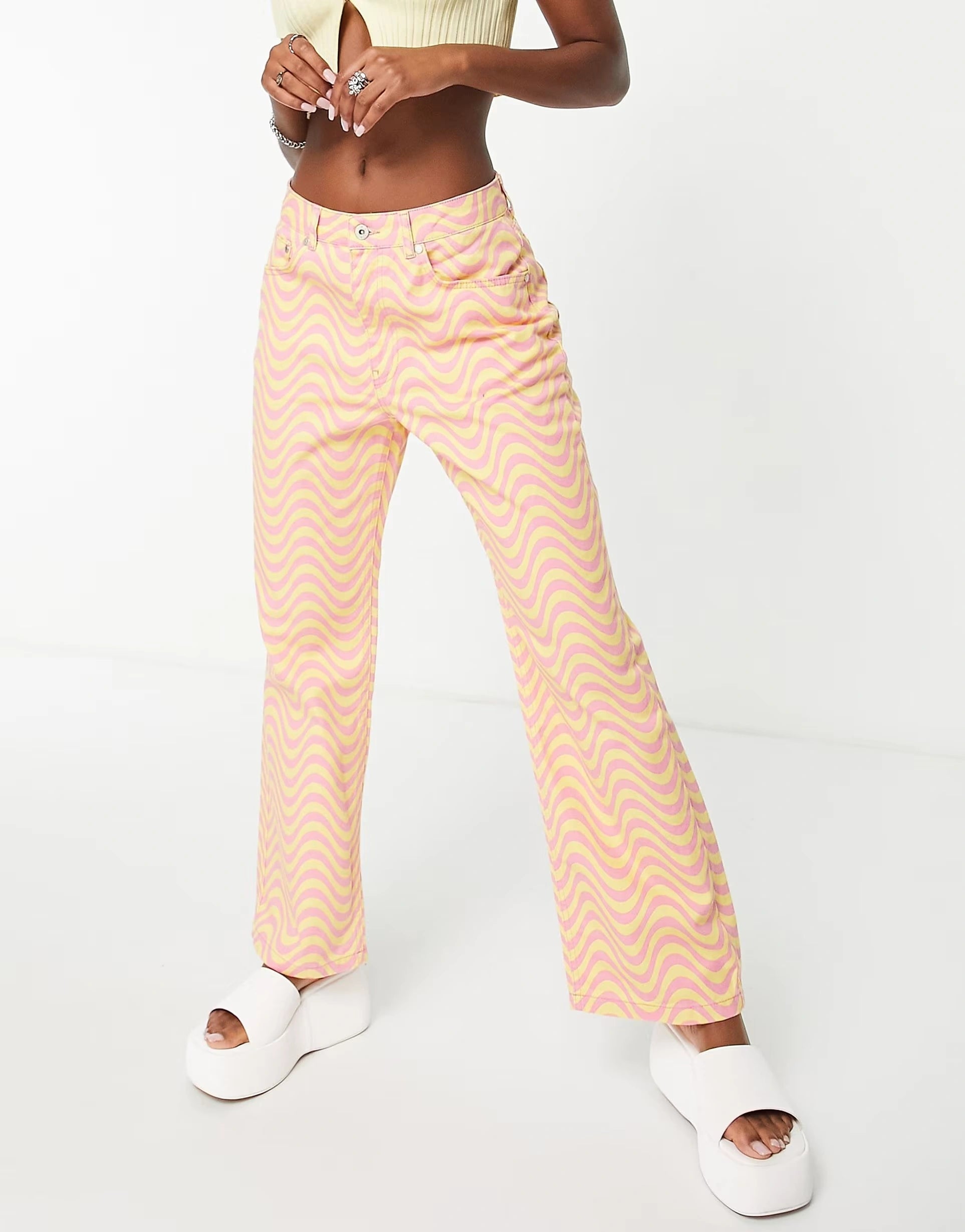 The Ragged Priest Womens Dad Jeans With Wave Print in Orange