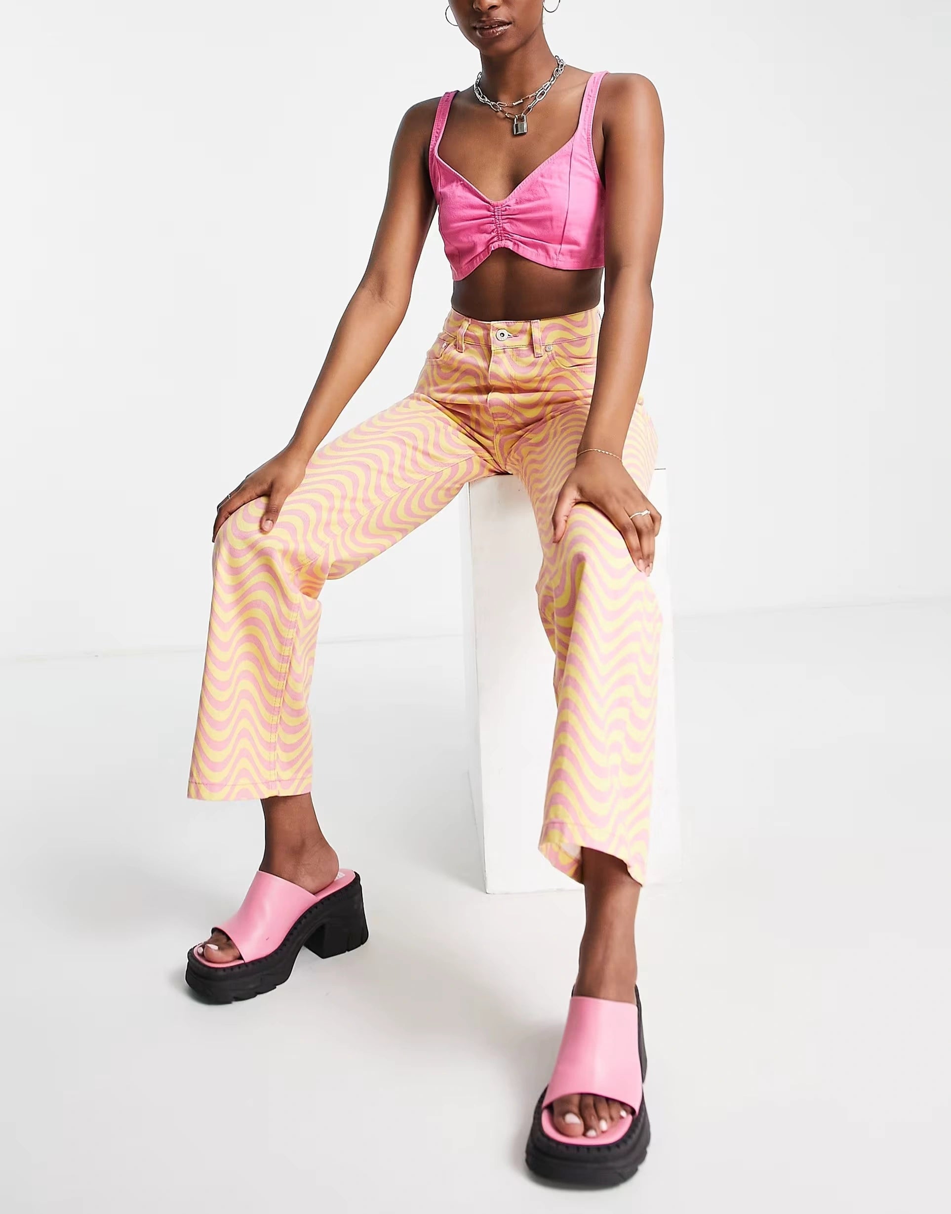 The Ragged Priest Womens Dad Jeans With Wave Print in Orange