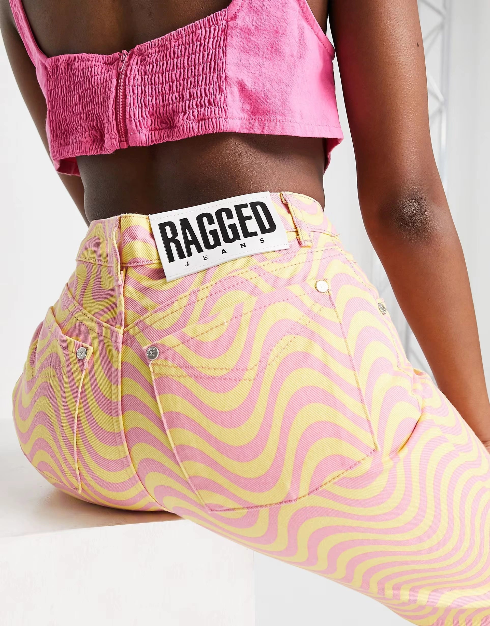 The Ragged Priest Womens Dad Jeans With Wave Print in Orange