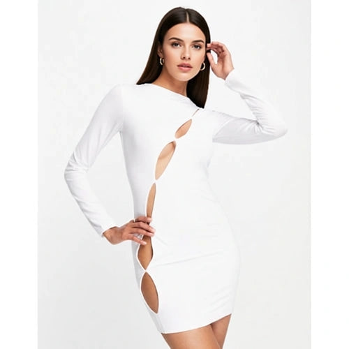 Aria Cove Womens Cut Out Hole Detail Long Sleeve Mini Dress In White