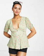 In The Style Womens X Perrie Sian Puff Sleeve Button Front Blouse In Lime Floral Print