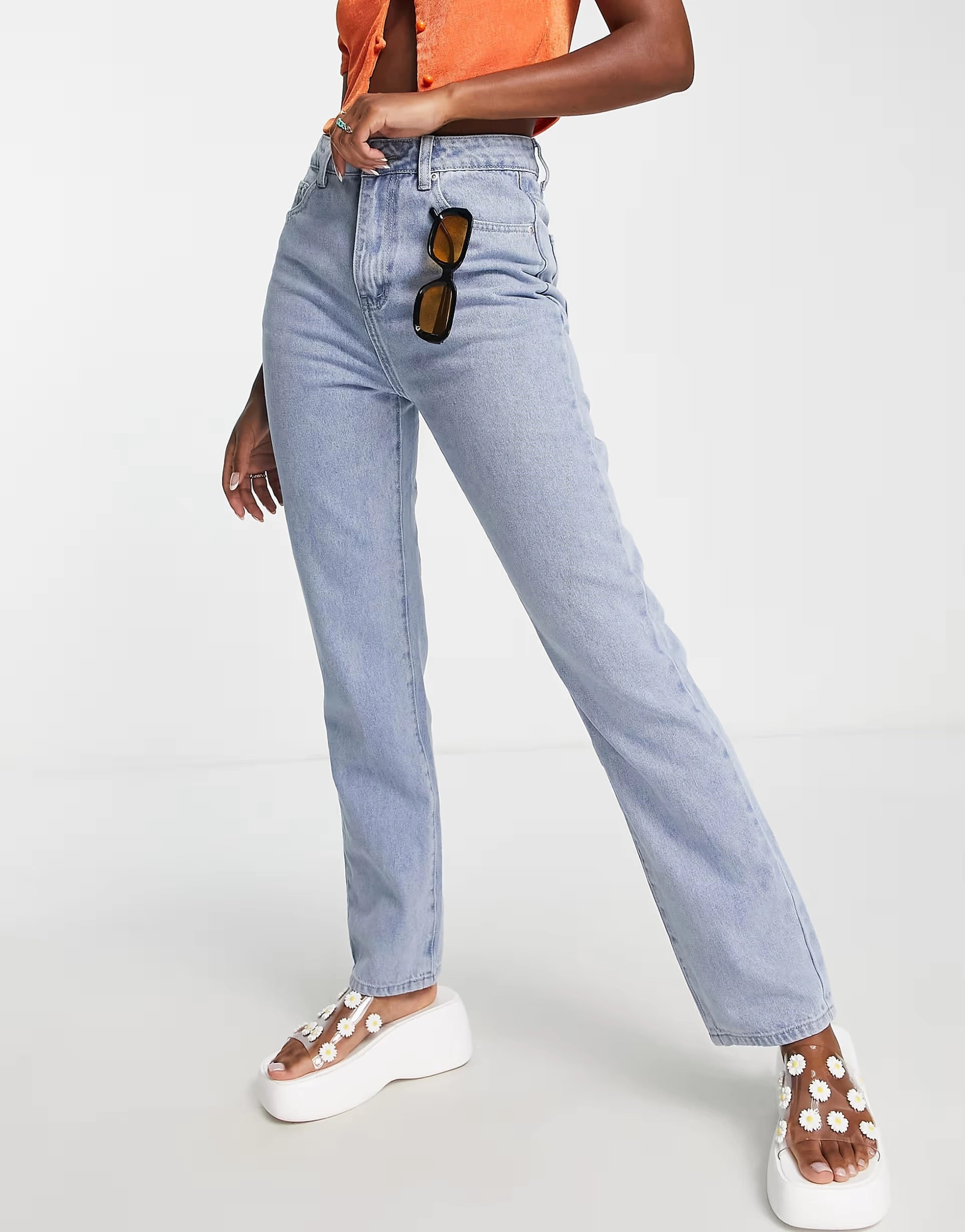 In The Style Womens Straight Leg Jean in Mid Blue Wash In Blue