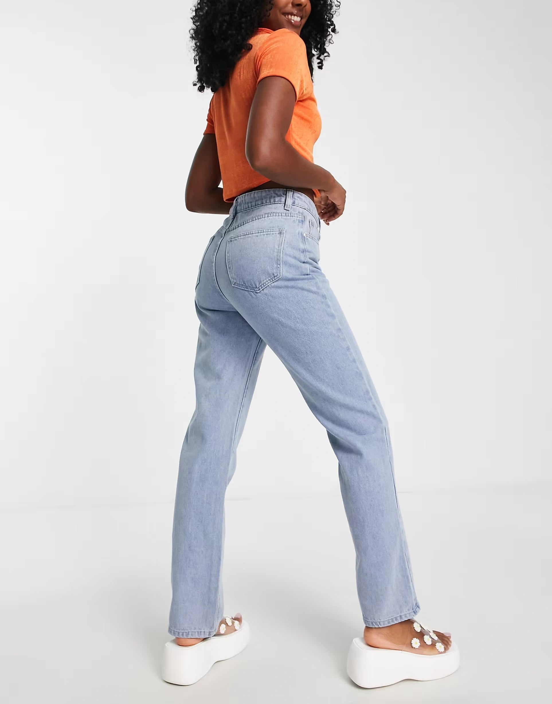 In The Style Womens Straight Leg Jean in Mid Blue Wash In Blue