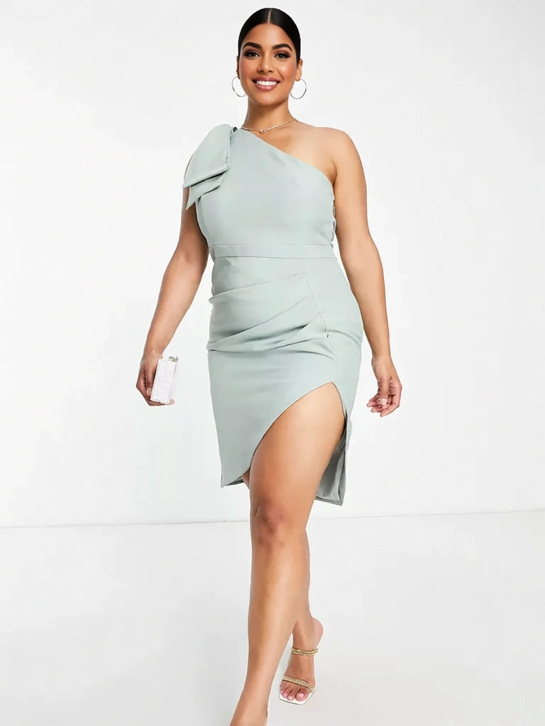 Lavish Alice Plus Womens One Shoulder Satin Bow Midi Dress in Sage Green