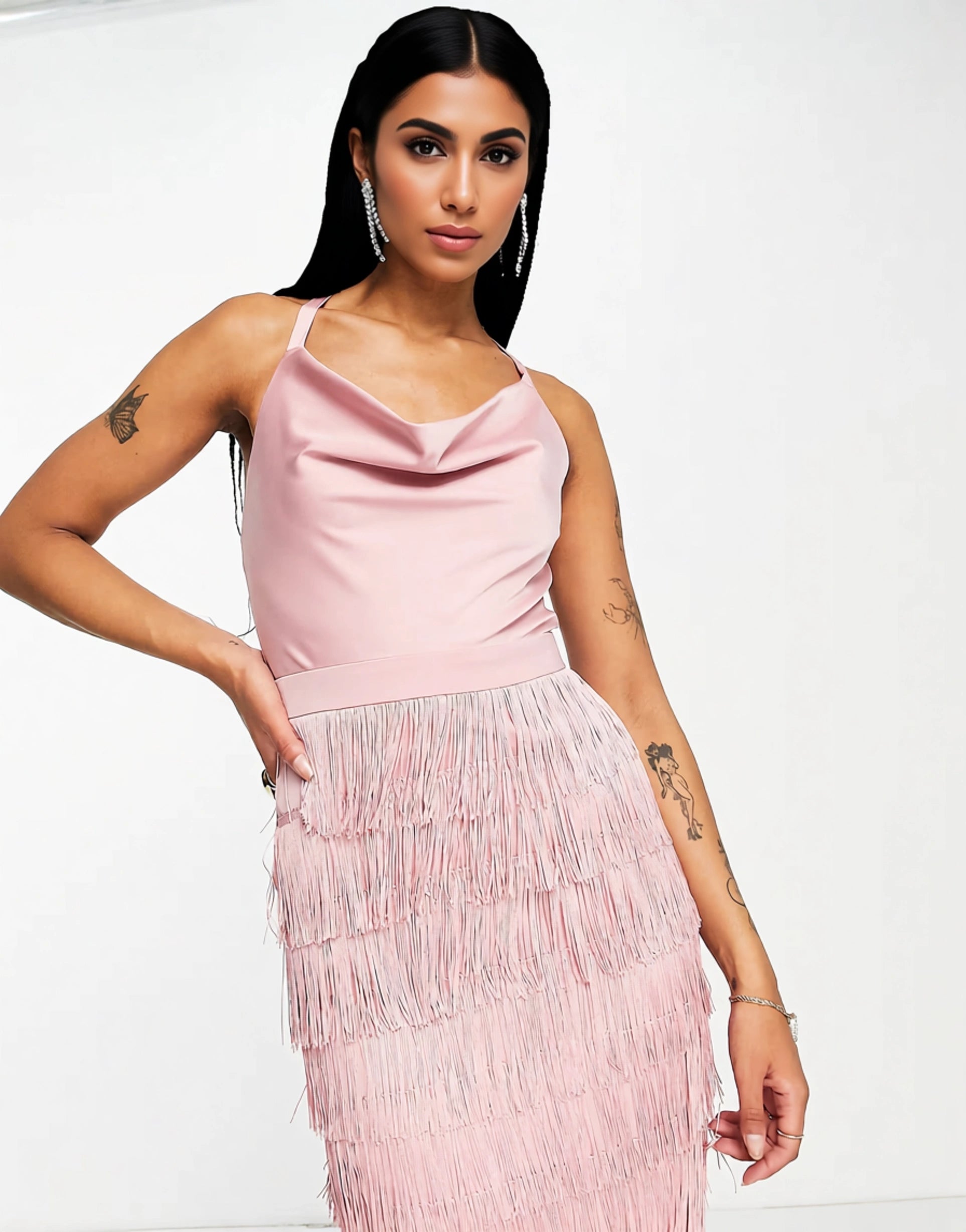 Lavish Alice Womens Satin And Fringe Dress in Soft Pink