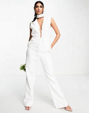 AQAQ Womens Bridal Open Back Strap Detail Jumpsuit In White