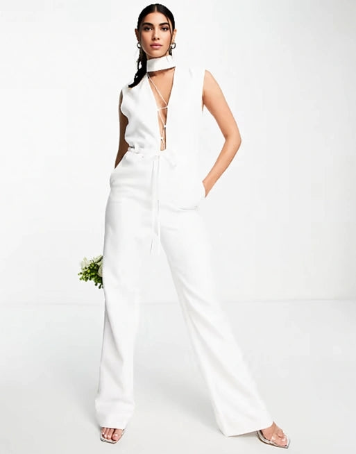 AQAQ Womens Bridal Open Back Strap Detail Jumpsuit In White
