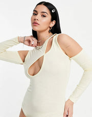 Daisy Street Womens Asymmetric Cut Out Body With Sleeve Detail in Cream