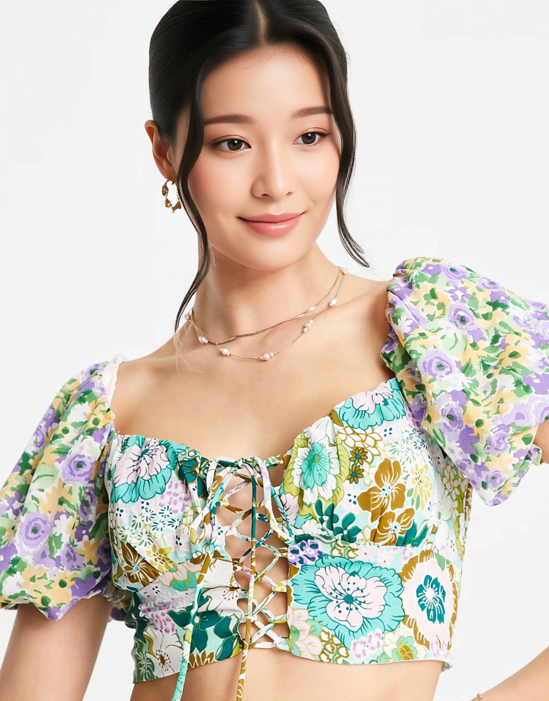 Love Triangle Womens Puff Sleeve Milkmaid Crop Top In Clashing Floral Print Co-Ord In Multi