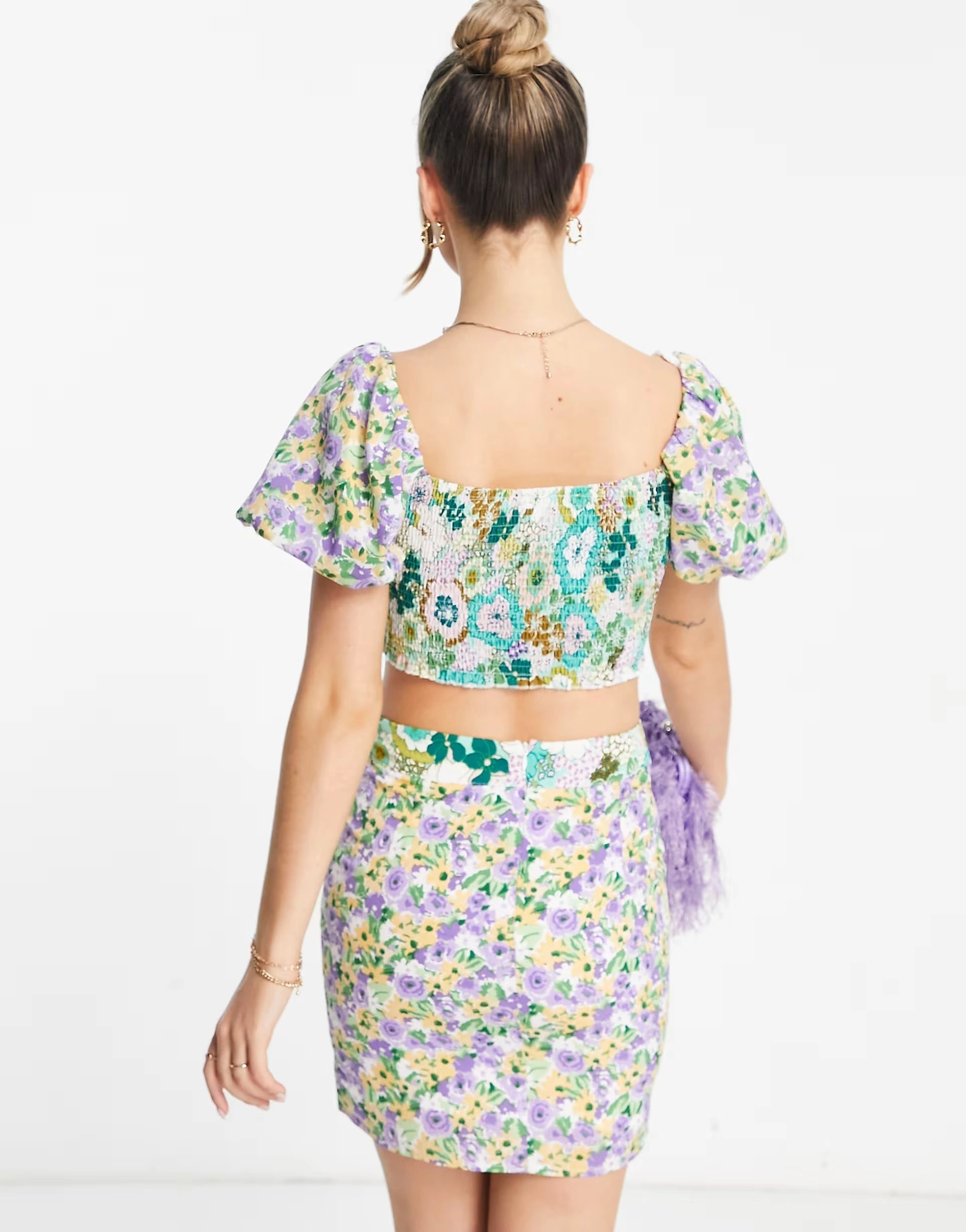 Love Triangle Womens Puff Sleeve Milkmaid Crop Top In Clashing Floral Print Co-Ord In Multi