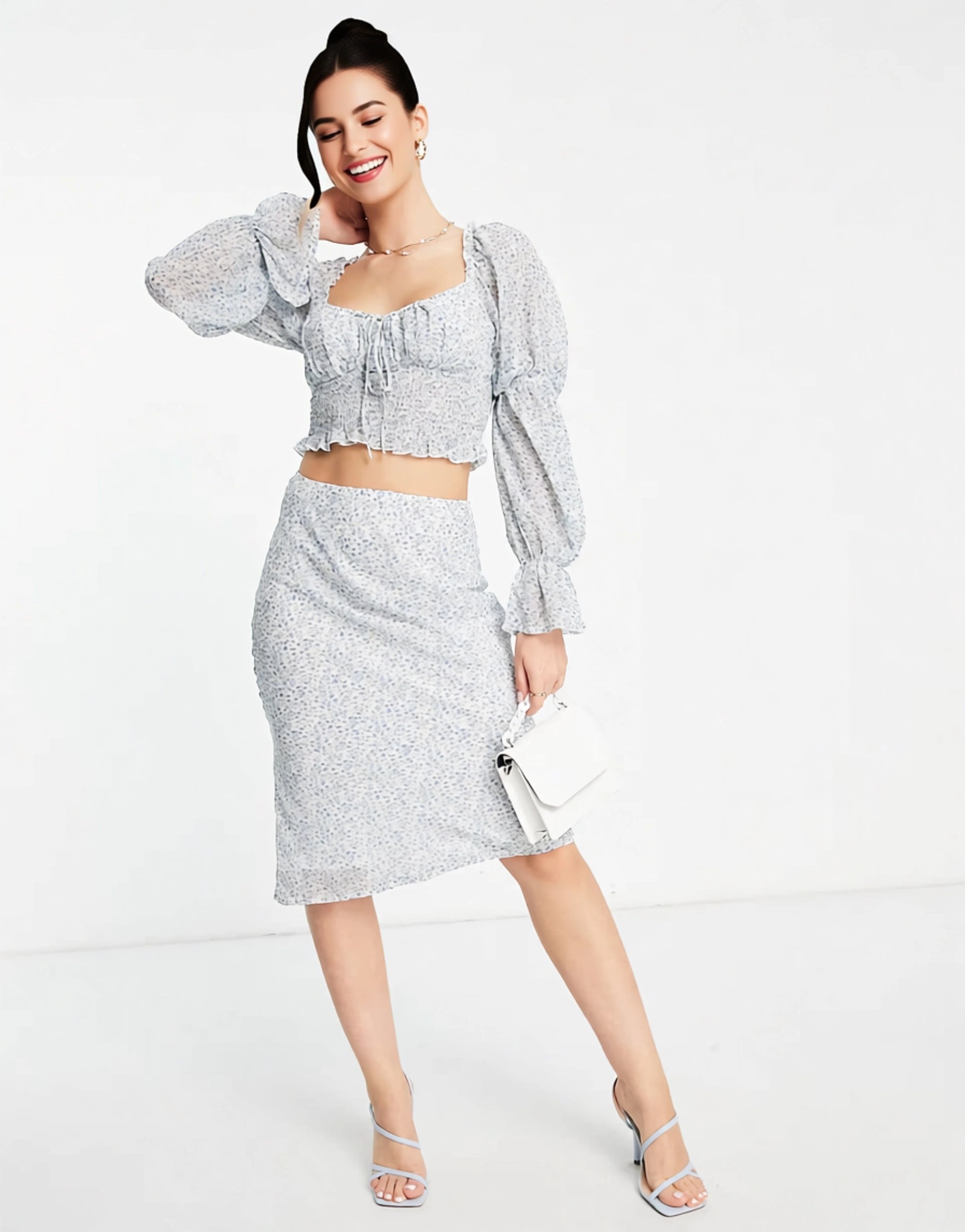 Love Triangle Women's Long Sleeve Tie Front Crop Top in Blue Ditsy Floral Co-Ord In Blue