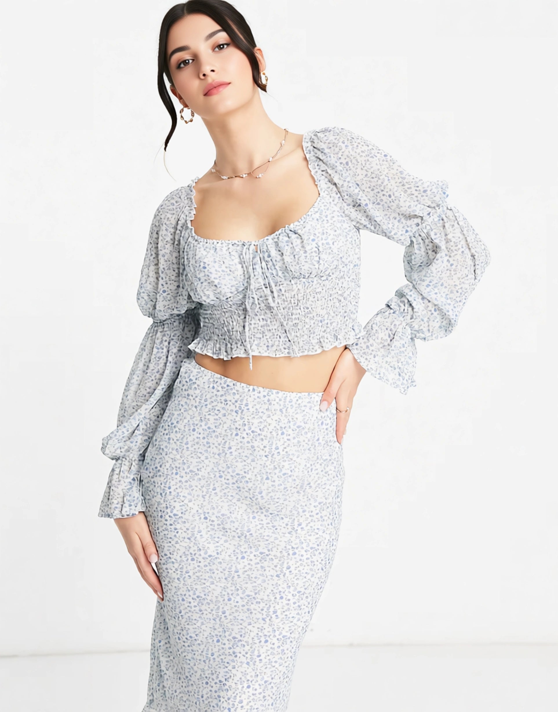 Love Triangle Women's Long Sleeve Tie Front Crop Top in Blue Ditsy Floral Co-Ord In Blue