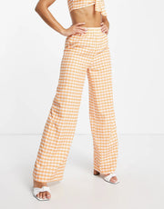 Extro & Vert Womens Elasticated Super Wide Leg Trousers in Orange Gingham Co-Ord