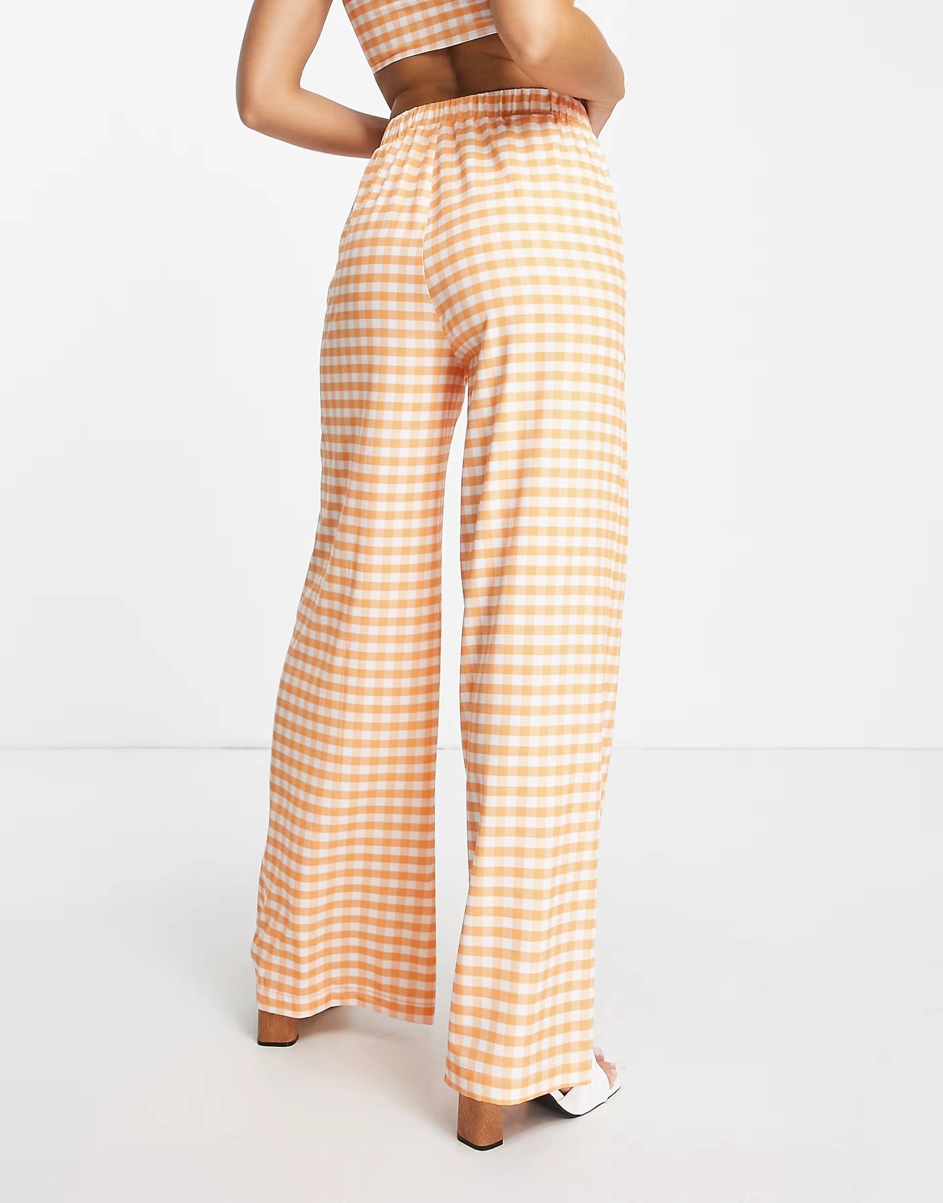 Extro & Vert Womens Elasticated Super Wide Leg Trousers in Orange Gingham Co-Ord