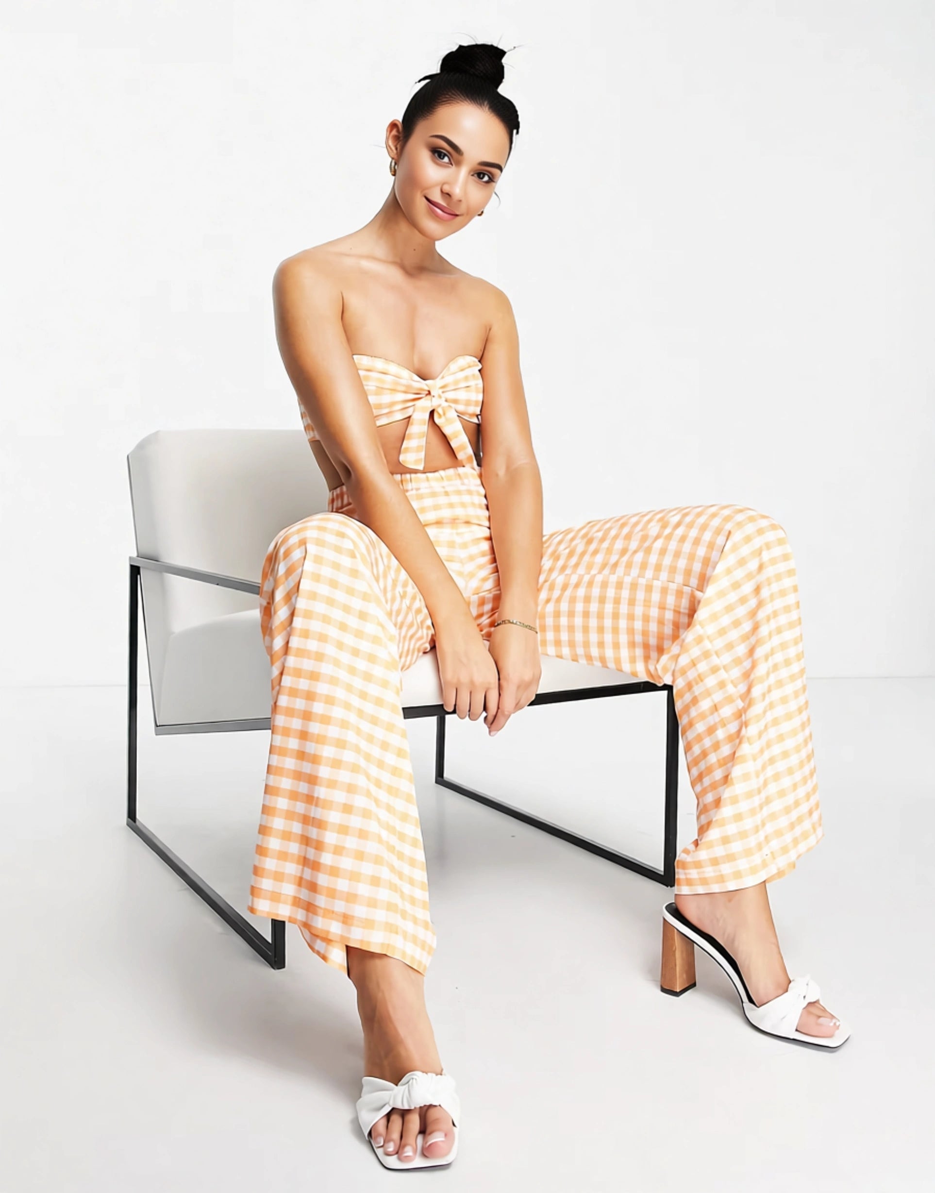 Extro & Vert Womens Elasticated Super Wide Leg Trousers in Orange Gingham Co-Ord