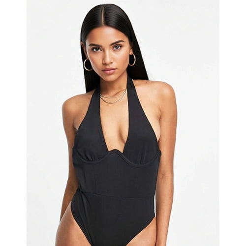 Extro & Vert Womens Halterneck Body in Black Linen In Black