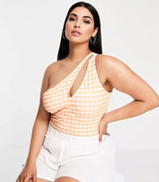 Extro & Vert Plus Womens One Shoulder Body With Cut Out in Orange Gingham