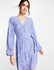 Envii Womens Mini Wrap Dress With Balloon Sleeves in Blue Tonal Zebra