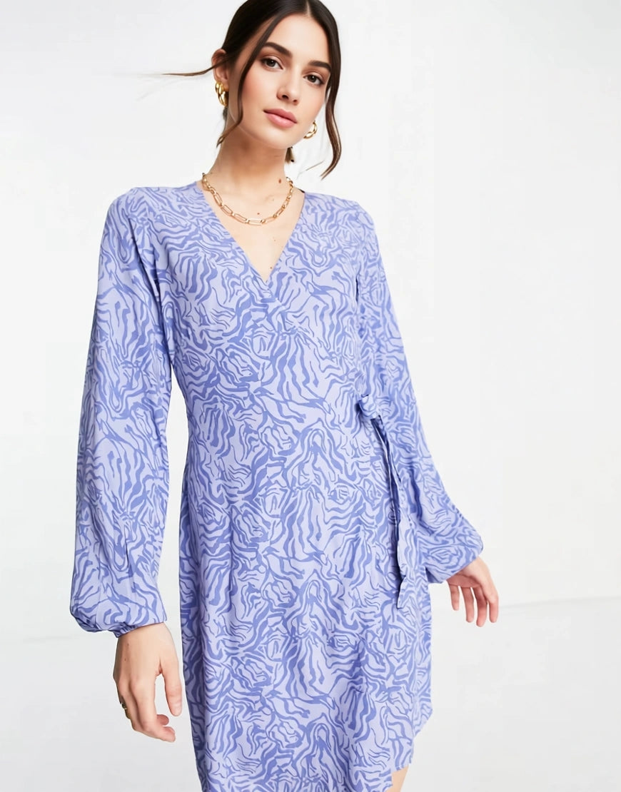 Envii Womens Mini Wrap Dress With Balloon Sleeves in Blue Tonal Zebra