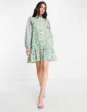 Envii Women's High Neck Mini Dress With Ruffle Details in Patchwork Floral In Green