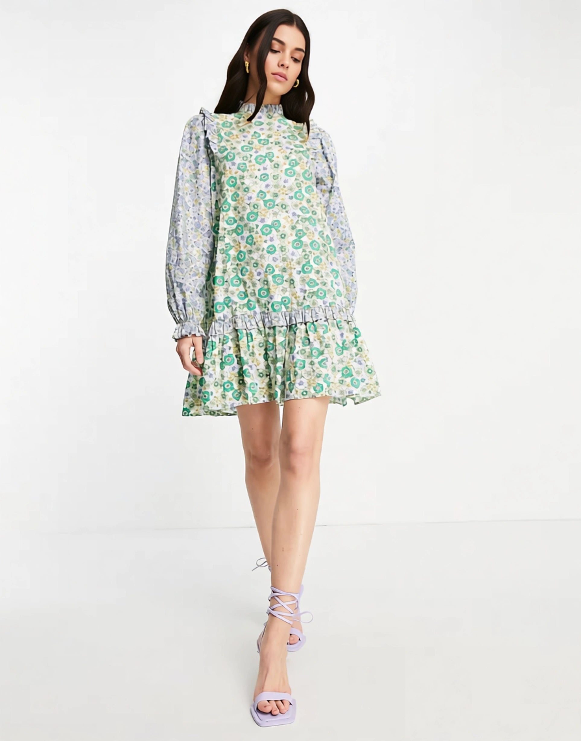 Envii Women's High Neck Mini Dress With Ruffle Details in Patchwork Floral In Green
