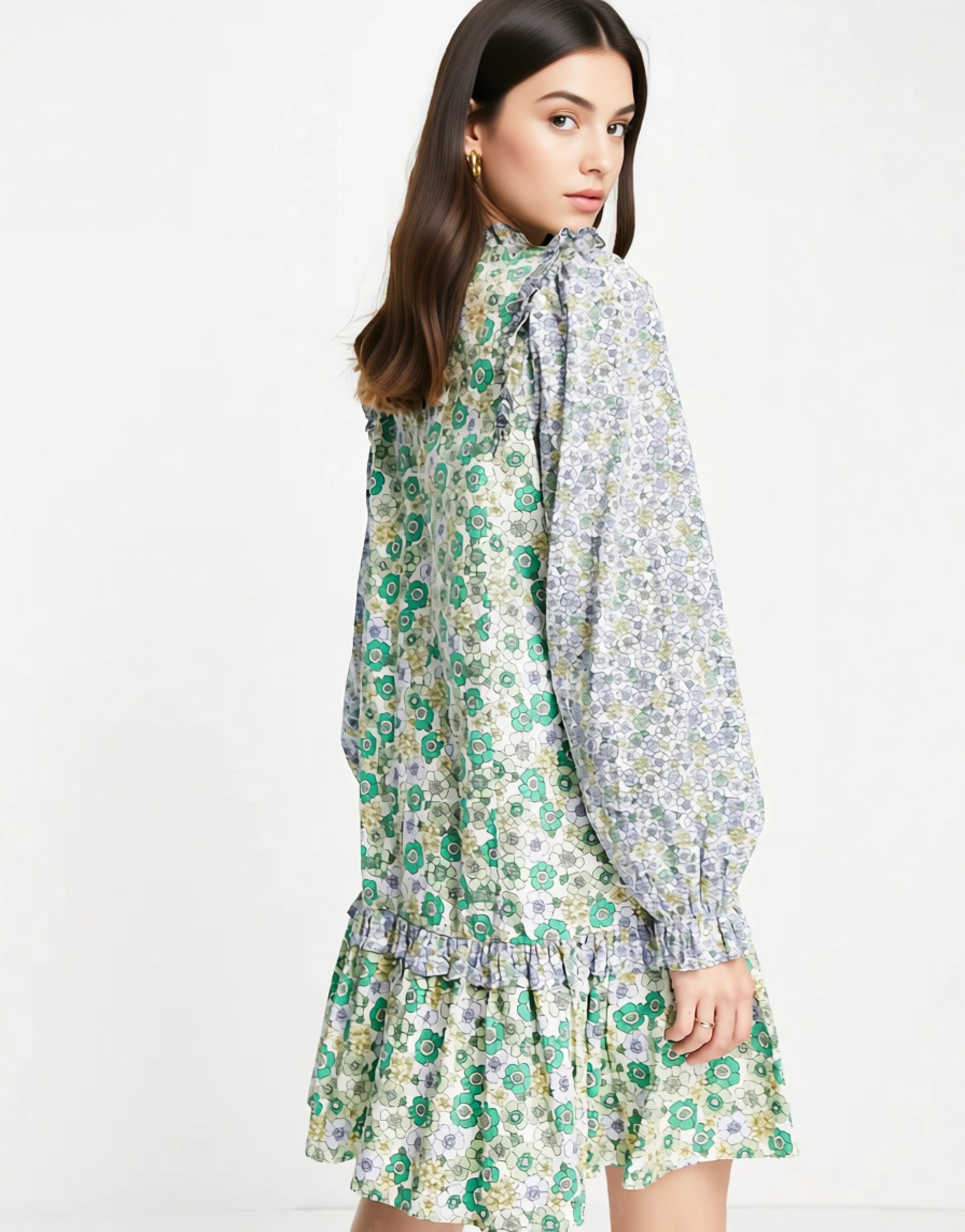 Envii Women's High Neck Mini Dress With Ruffle Details in Patchwork Floral In Green