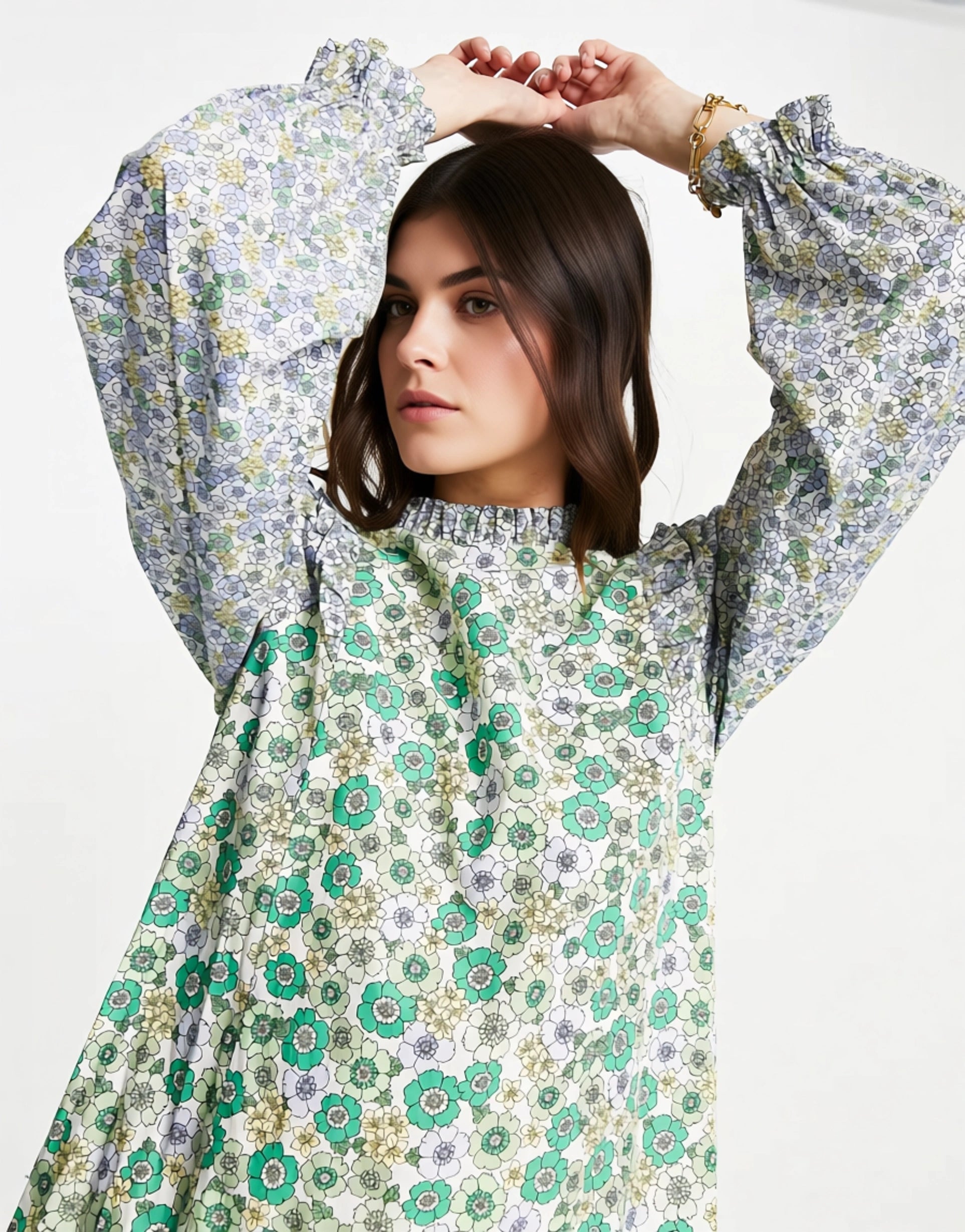 Envii Women's High Neck Mini Dress With Ruffle Details in Patchwork Floral In Green