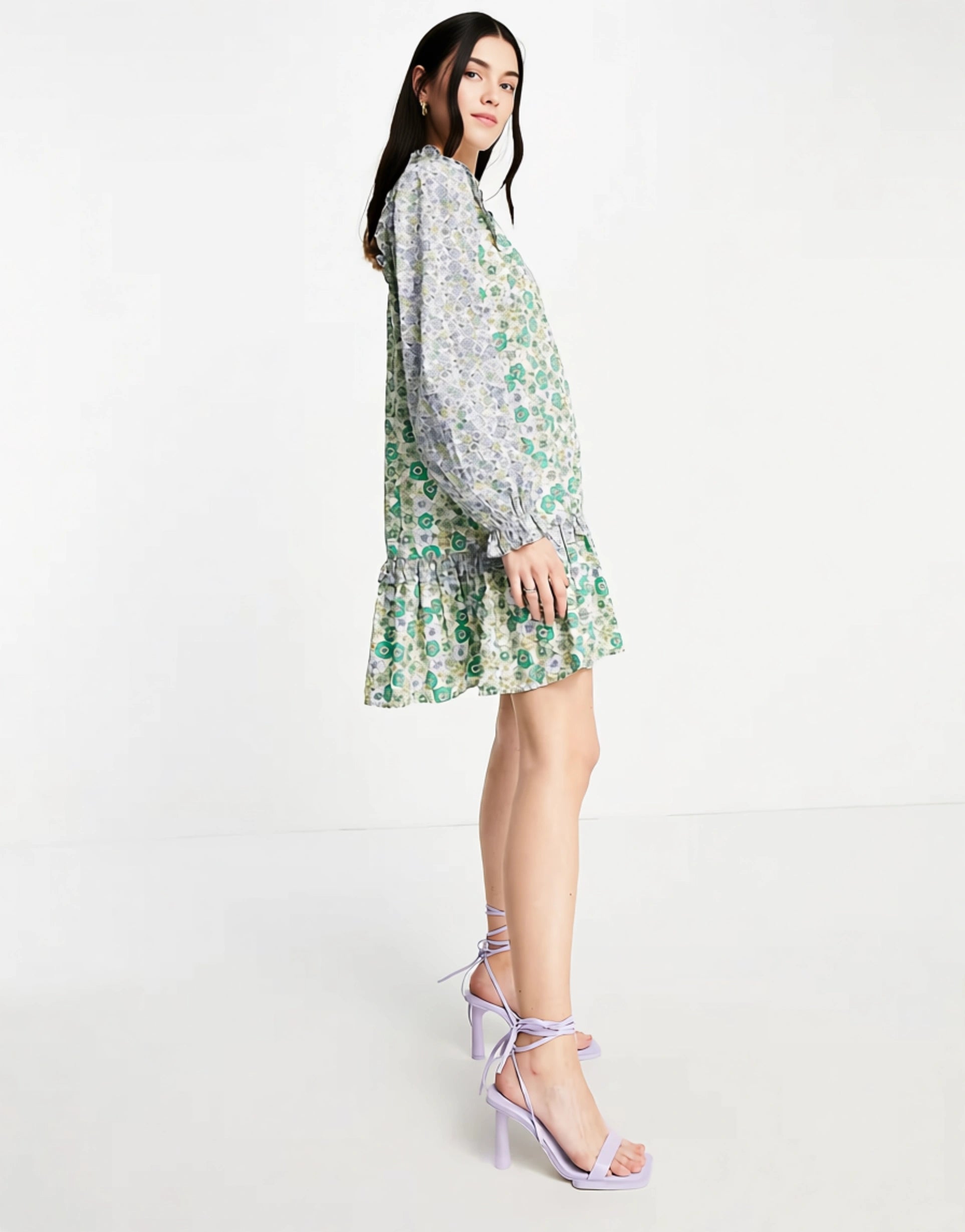 Envii Women's High Neck Mini Dress With Ruffle Details in Patchwork Floral In Green