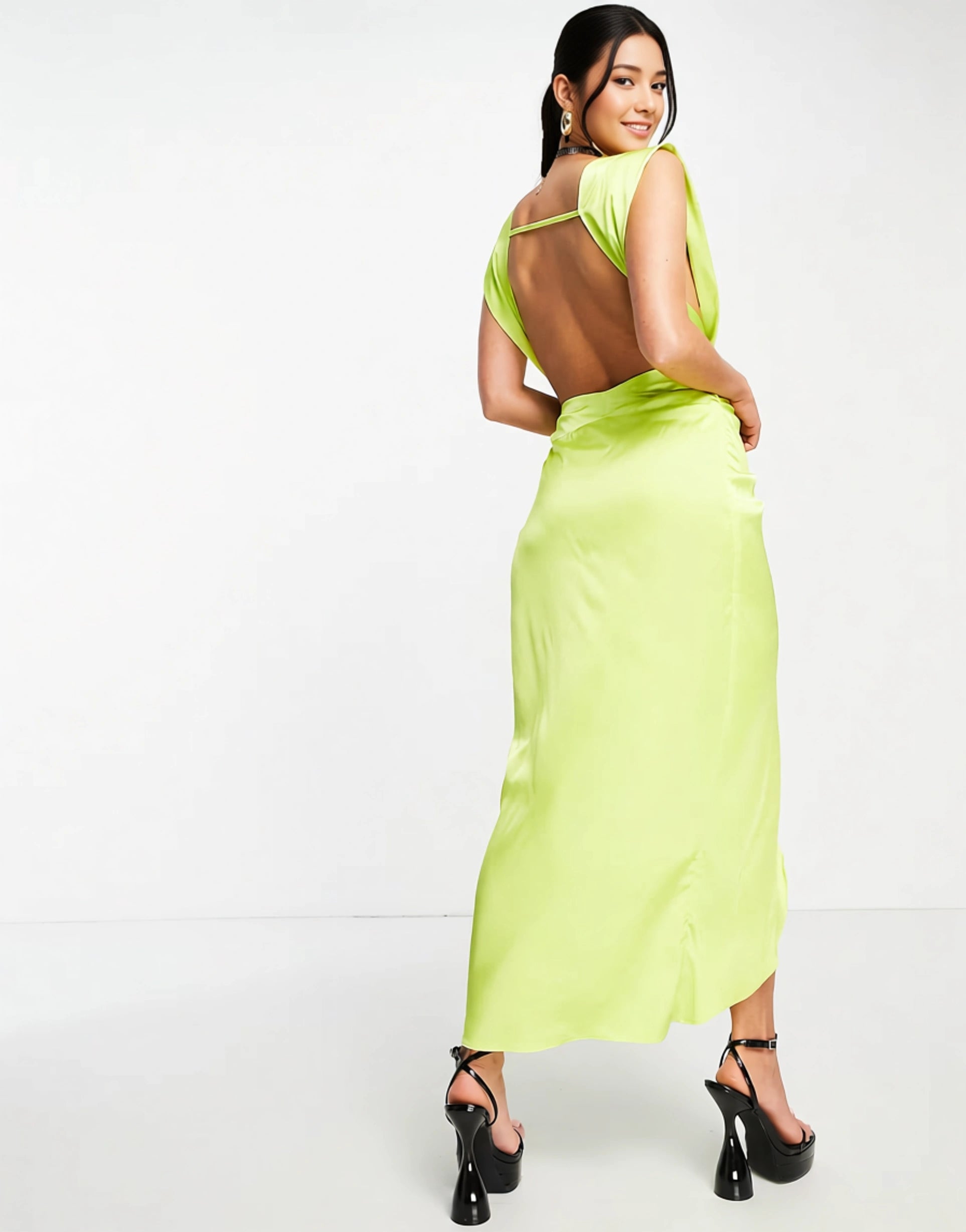 Womens Femme Luxe Plunge Front Midi Dress With Drape Detail In Chartreuse