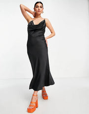 Femme Luxe Womens Asymmetric Diamonte Strap Satin Midi Dress In Black