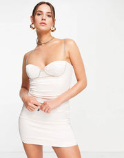Femme Luxe Womens Diamonte Strap Fitted Mini Dress In White