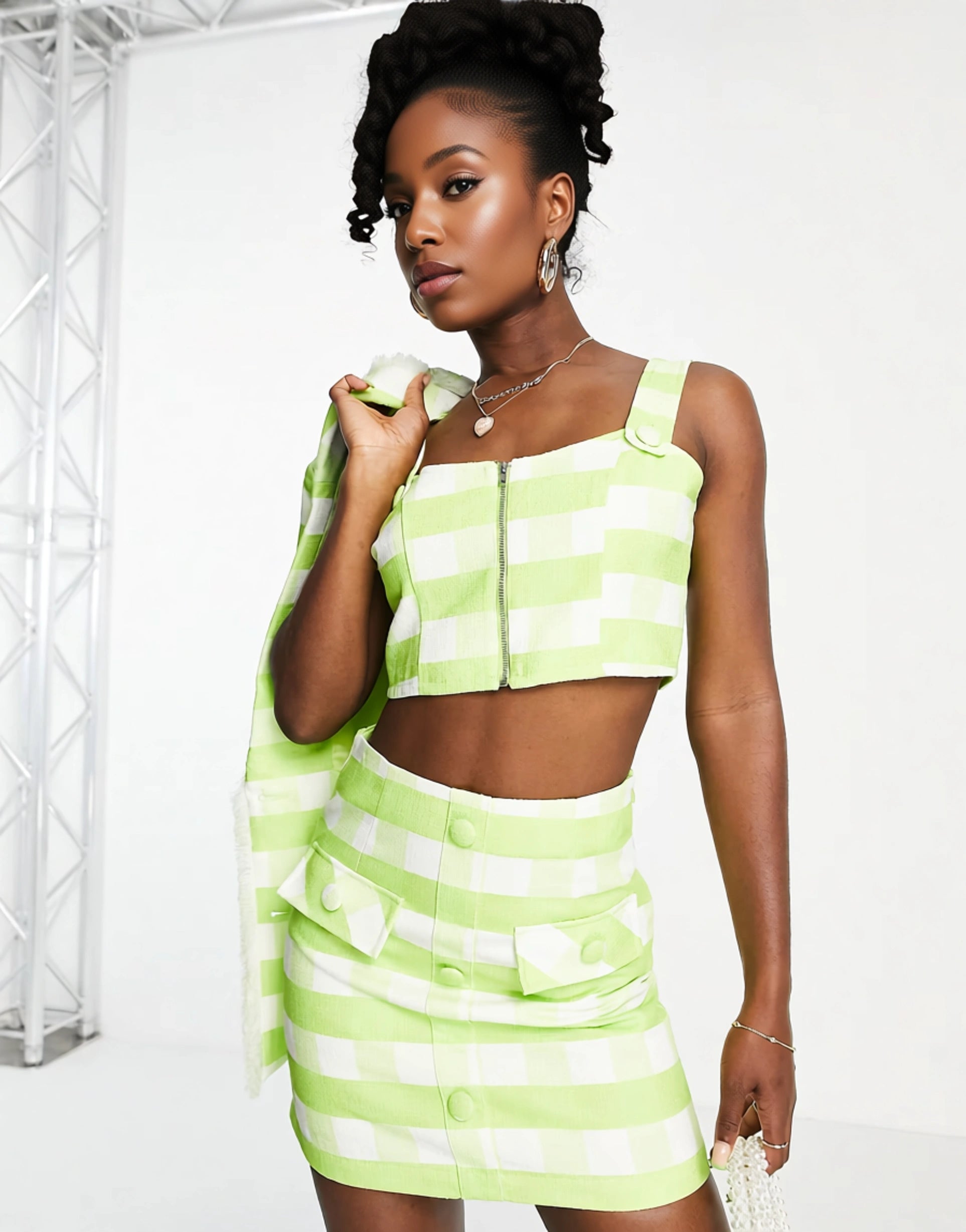 Urban Revivo Womens Co-Ord Tweed Crop Top in Green Check Print