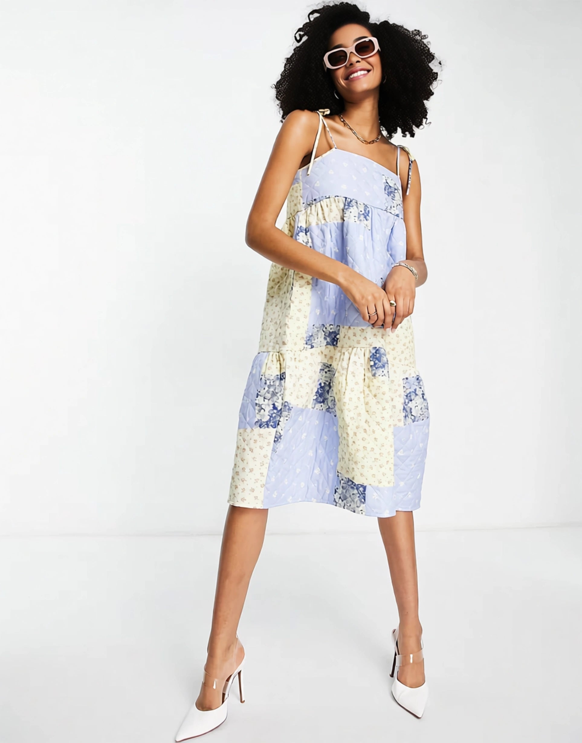 Edited Womens Cotton Blend Quilted Midi Smock Dress in Floral Patchwork