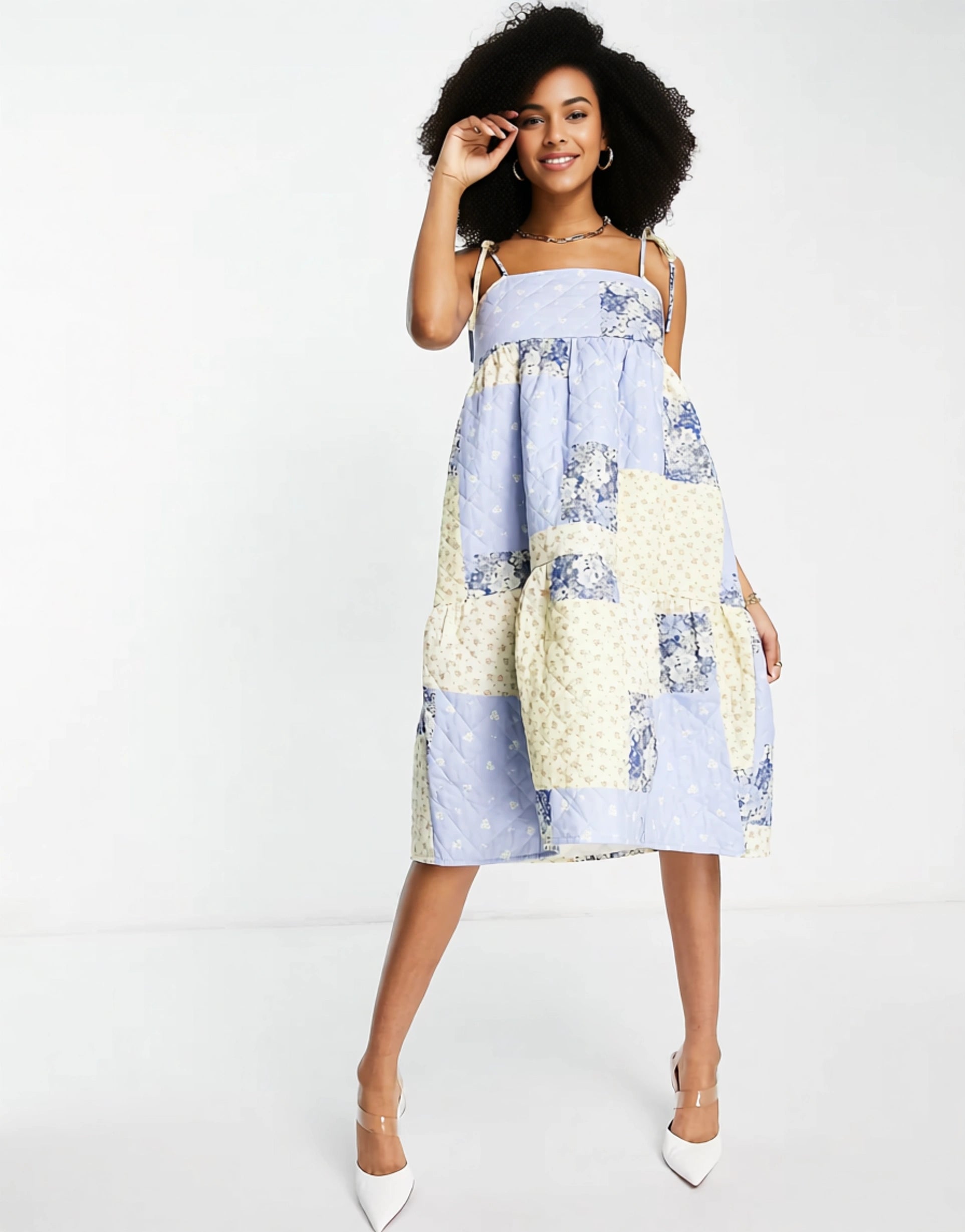 Edited Womens Cotton Blend Quilted Midi Smock Dress in Floral Patchwork