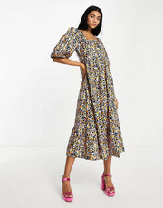 Edited Womens Cotton Short Sleeve Smock Dress With Pleated Hem in Retro Floral